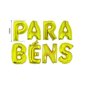 Balao Metalizado Parabens Dourado C/Canudo 16"