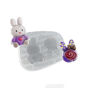 Molde de  Silicone 820 - Coelho c/ Coração + Coelho c/ Laço e Flor