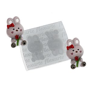 Molde de  Silicone 821 - Dupla de Coelhos Peq -  c/ Flor e Laço
