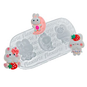 Molde de  Silicone 921 - Trio de Coelhinhas de Páscoa - Lua + Morango