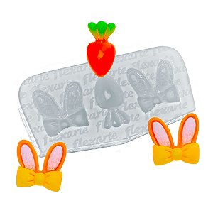 Molde de  Silicone 923 - Par de Orelhas de Coelho c/ Laço + Cenoura - Páscoa