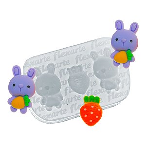 Molde de  Silicone 925 - Dupla de Coelhos Christy  + Cenoura - Páscoa