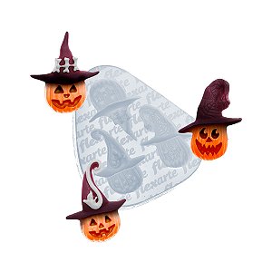 Molde de  Silicone 975 - Halloween Kit 02 - Trio de Abóboras c/ Chapéu de Bruxa