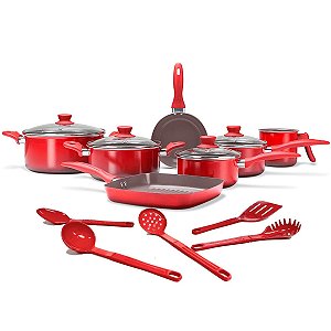 Jogo de Panelas 7 Peças Brinox Cerâmic Life Easy Vermelho com Jogo de Utensílios de Nylon
