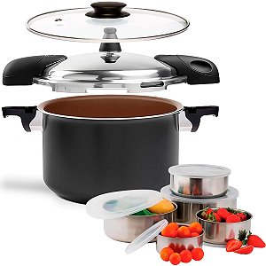 Panela de Pressão 2 em 1 com Tampa de Vidro Temperado e Indução Brinox Pressure Antiaderente Ceramic Life 5,4 L Preto com Conjunto de Potes Inox