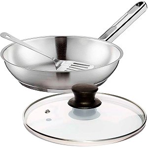 Frigideira com Tampa 24cm Tramontina Allegra em Aço Inox e Indução 2,1L com Espátula Vazada Inox