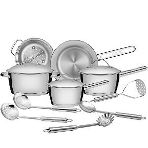 Jogo de Panelas Tramontina Allegra em Aço Inox com Fundo de Indução e Utensílios Inox 10 peças