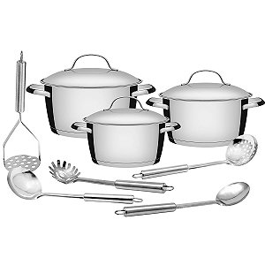 Conjunto de Caçarolas Tramontina Allegra em Aço Inox e Indução 3 pçs com Utensílios em Inox 5 pçs