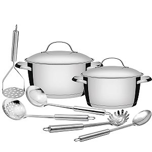 Jogo de Panelas Tramontina Allegra em Aço Inox com Indução e Utensílios em Inox - 7 Peças