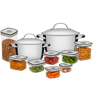 Jogo de Panelas Tramontina Allegra em Aço Inox com Fundo Triplo e Indução com Jogo de Potes Herméticos Electrolux - 10 Peças