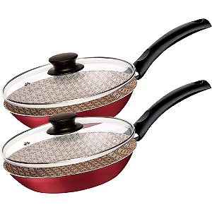 Jogo de Frigideiras com Tampa 24cm Tramontina Turim em Alumínio Antiaderente Vermelho