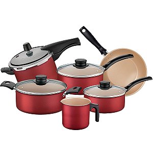 Jogo de Panelas com Panela de Pressão Tramontina Turim Vancouver Effect em Alumínio com Revestimento Antiaderente Vermelho - 6 Peças