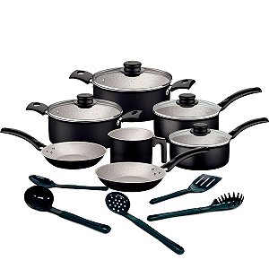 Jogo de Panelas 12 Peças Tramontina Turim Antiaderente com Conjunto de Utensílios 5 pçs Preto