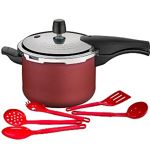 Panela de Pressão 4,5 L Tramontina Vancouver Effect Antiaderente Vermelho com Jogo de Utensílios Vermelho