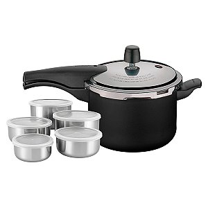 Panela de Pressão Tramontina Vancouver Effect Alumínio Antiaderente Preto 4,5L com Jogo de Potes em Aço Inox