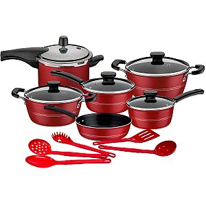 Jogo de Panelas 5 Peças Tramontina Sicília Vermelho com Panela de Pressão Vancouver 4,5L e Jogo de Utensílios