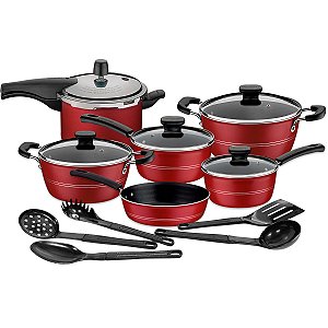 Jogo de Panelas 5 Peças Tramontina Sicília Vermelho com Panela de Pressão 4,5L Vancouver Effect e Jogo de Utensílios