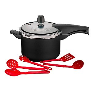 Panela de Pressão 4,5L Tramontina Vancouver Effect Antiaderente Preto com Jogo de Utensílios Vermelhos