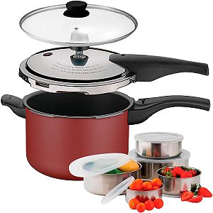 Panela de Pressão 2 em 1 Tramontina Vancouver 4,5 L Alumínio Revestimento Antiaderente Vermelha Conjunto de Potes em Aço Inox