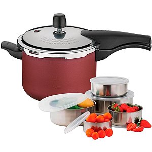 Panela de Pressão Tramontina Vancouver Effect 4,5L Antiaderente Vermelha com Conjunto de Potes em Aço Inox