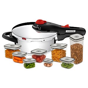 Panela de Pressão 3 Litros Tramontina Solar Aço Inox Fundo Triplo e Jogo de 8 Potes Herméticos Electrolux