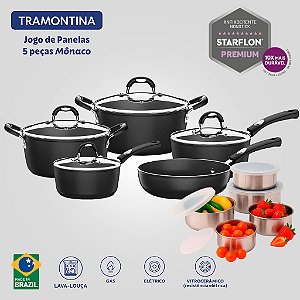 Jogo de Panelas Tramontina Mônaco 5 Peças Preto e 5 Tigelas aço inox com tampa