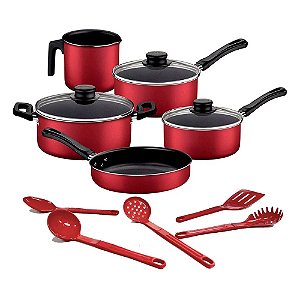 Jogo de Panelas 5 peças Tramontina Caribe Vermelha com Jogo de Utensílios de Nylon