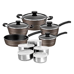 Jogo De Panelas Tramontina Sicília 5 Peças Avelã E Jogo de Potes Inox