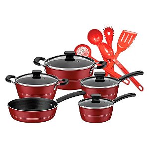 Jogo De Panelas Tramontina Sicília Vermelha 5 Peças Com Utensílios 5 Peças