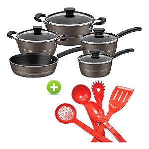 Jogo De Panelas 5 Peças Tramontina Sicília Avelã com Jogo de Utensílios Vermelho