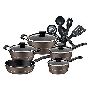 Jogo De Panelas 5 Peças Tramontina Sicília Avelã com Jogo de Utensílios Preto
