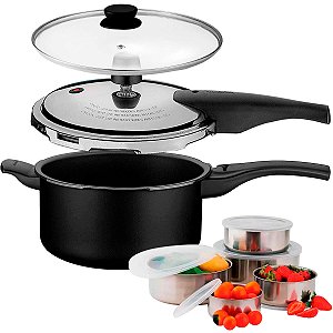 Panela de Pressão 2 em 1 Tramontina Vancouver 3 Litros Antiaderente Preta com Jogo de Potes em Inox e Tampa Extra