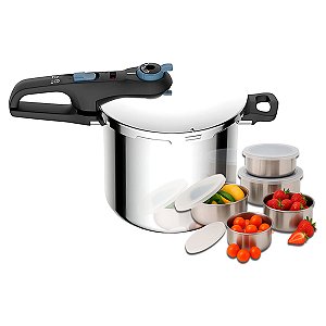 Panela De Pressão Rochedo 8L Inox Trendy Indução Fechamento Externo com Jogo de Potes em Aço Inox