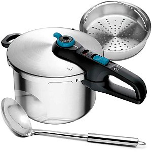 Panela De Pressão Rochedo 6L Aço Inox Secure Trendy Indução e Fechamento Externo com Concha de Inox