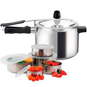 Panela de Pressão Rochedo R982J2A9 em Alumínio Polido e Fechamento Interno 4,5 Litros e Conjunto de 5 Potes em Aço Inox