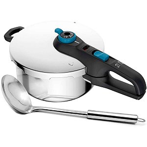 Panela De Pressão Inox Rochedo 4L Secure Trendy Indução Fechamento Externo com Concha em Aço Inox 2 Peças