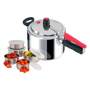 Panela de Pressão 4,5L Clock Eco Polida em Alumínio Polido com Jogo de Potes em Aço Inox