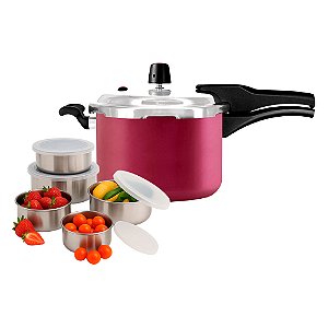 Panela Pressão 4,5L Magnific Cereja Panelux com Jogo de Potes de Inox