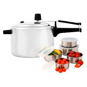 Panela de Pressão Polido Fechamento Interno Classic 4,5L com Jogo de Potes de Inox 5 Peças