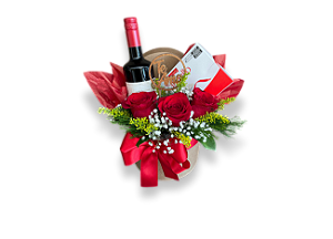 Box Premium Especial Te Amo com 3 Rosas Vermelhas, Vinho Tinto e Chocolates