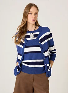 CARDIGAN TRICOT LINA DUDALINA FEMININA AZUL LISTRADO