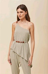 BLUSA VOAR ASSIMÉTRICA ESTAMPA GRAVATARI COM CINTO DE CONTAS