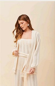 CASACO CARDIGAN VOAR EM TRICOT RENDADO OFF WHITE FEMININO