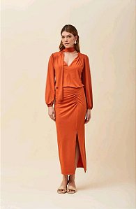 SAIA LONGA VOAR FLUITY COM FRANZIDO E FENDA FEMININO