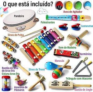 Kit de Instrumentos Musicais de Percussão em Madeira para Crianças + Bolsa | Brinquedo Educativo e Sensorial l Confort Kids