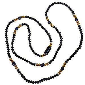 GUIA DE CRISTAL 8MM PRETO/DOURADO LEITOSO COM FIRMA