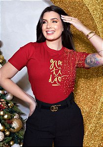 Camiseta feminina Coleção de Fim de ano Gratidão vermelha