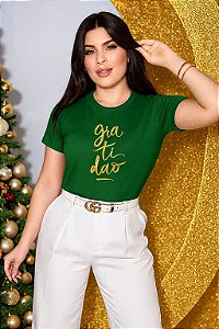 Camiseta feminina Coleção de Fim de ano Gratidão verde