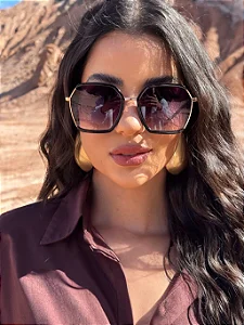 Óculos de Sol Feminino DNY Maxi Hexagonal Metal Preto – Estilo Blogueira & Impacto