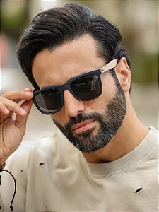 Óculos de Sol Masculino DNY Cairo 2.0 Retangular Polarizado - Preto / Hastes Creme Bambu